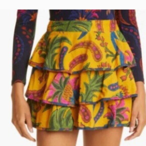 FARM Rio Tropical Tapestry Ruffle Miniskirt in Yellow SZ L NWT - Picture 4 of 8